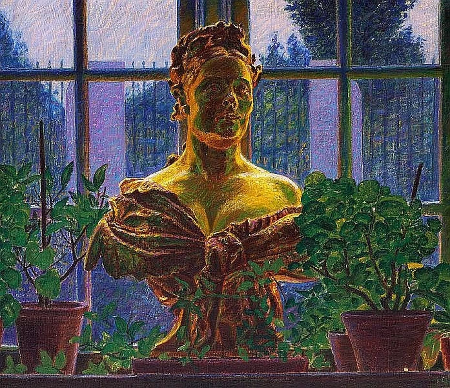 Kristian Zahrtmann - 128, Una statua dorata posta nella finestra dello studio di Zahrtmann tra due vasi di fiori con piante verdi